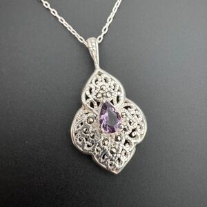 Vintage Sterling Silver‎ Pear Amethyst Marcasite Filigree Pendant Necklace 925